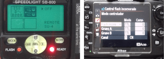 The Nikon SB800 flash can be Master or Slave. On the right the Nikon D600 configuration screen to communicate with other Nikon flashes. From here you can control the power, the firing mode and the communication channel.