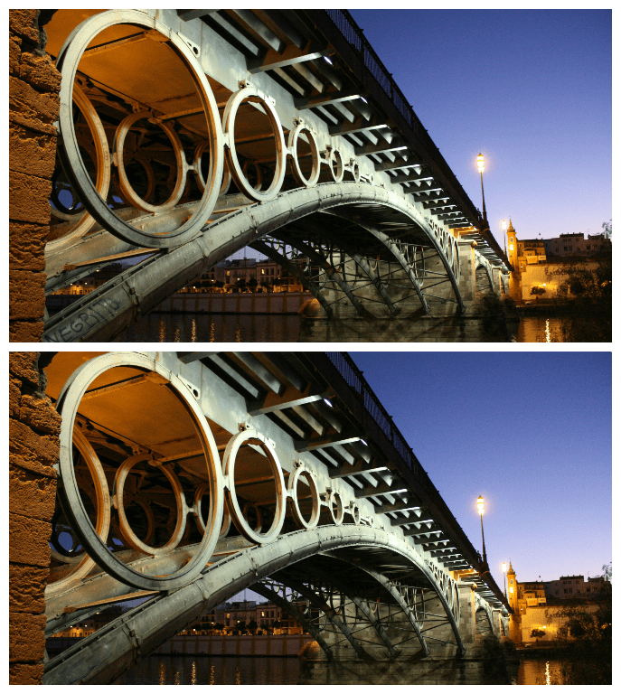 Use the clone buffer or proofing tool to remove any unwanted elements. In this case we have removed the word "black" written on the bridge.