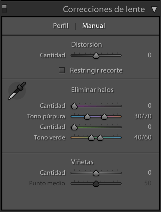 captura pantalla correcciones de lente en lightroom