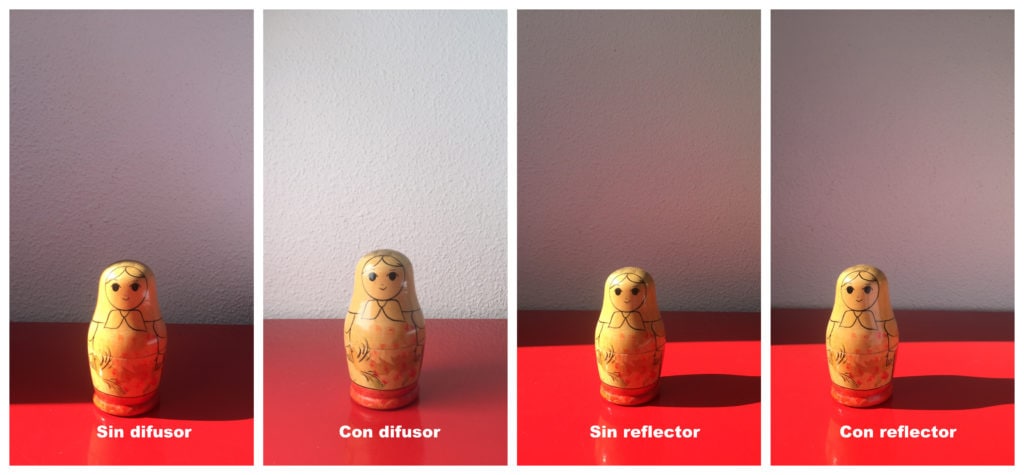 Comparativa de fotos con y sin reflector, y con y sin difusor