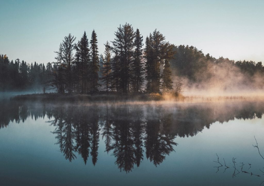 Paisaje con reflejo en el lago y niebla