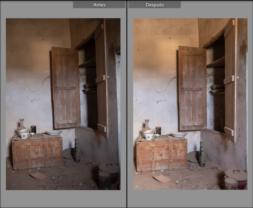 Comparación de antes y después de aplicar ajustes en Lightroom