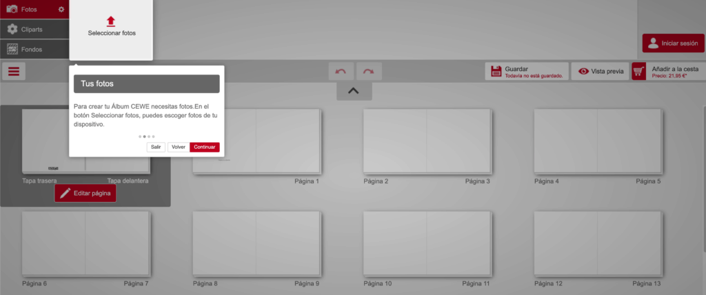 Captura de pantalla del taller de CEWE para crear álbumes