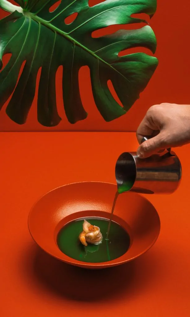 Green soup with red decoration