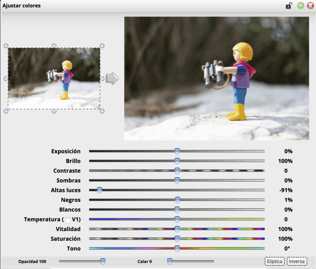 Interfaz del editor Phixr con los ajustes que permite modificar