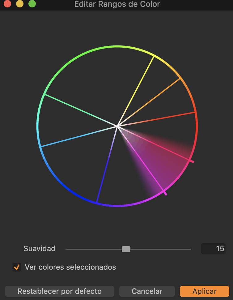 Captura de pantalla de ajustes de color en Capture One