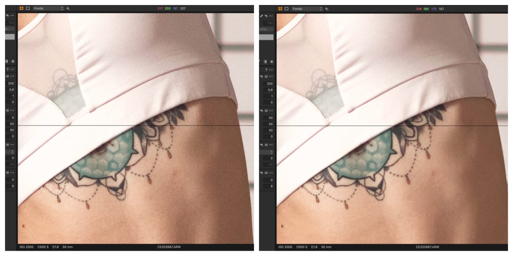 Comparativa de foto sin y con reducción de ruido en capture one