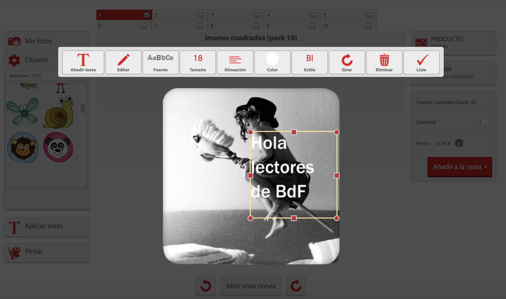 Captura de pantalla de edición de imanes en la página de CEWE