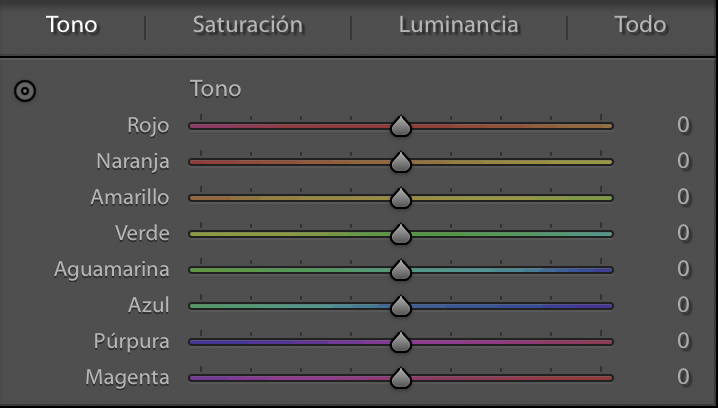 Captura de pantalla del cursor Tono en Lightroom