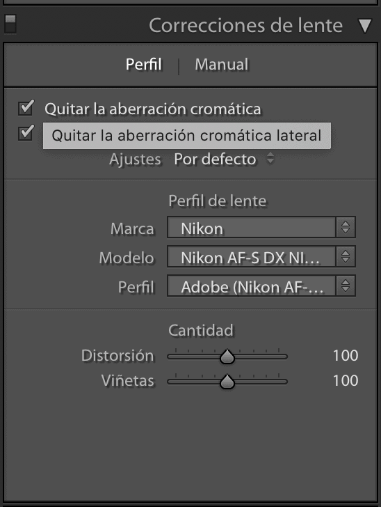 acciones básicas lightroom correcciones de lente