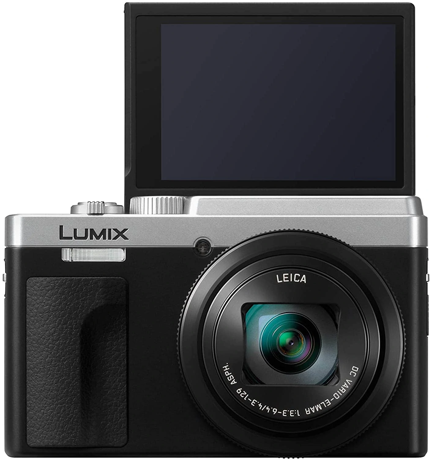 Lumix DC TZ95 frontal con pantalla abatible a la vista