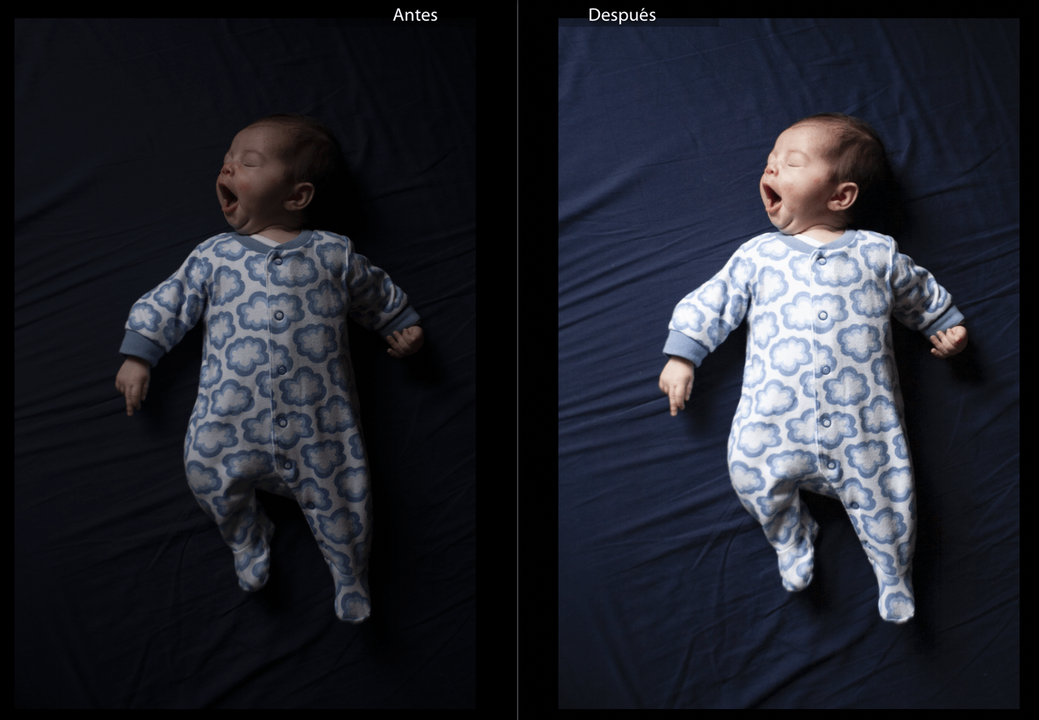 Comparison of photo retouching with lighting and contrast adjustment