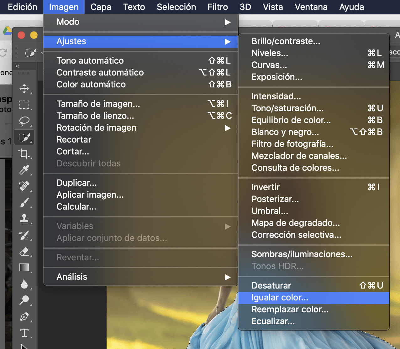 Captura de pantalla menú para igualar color en Photoshop