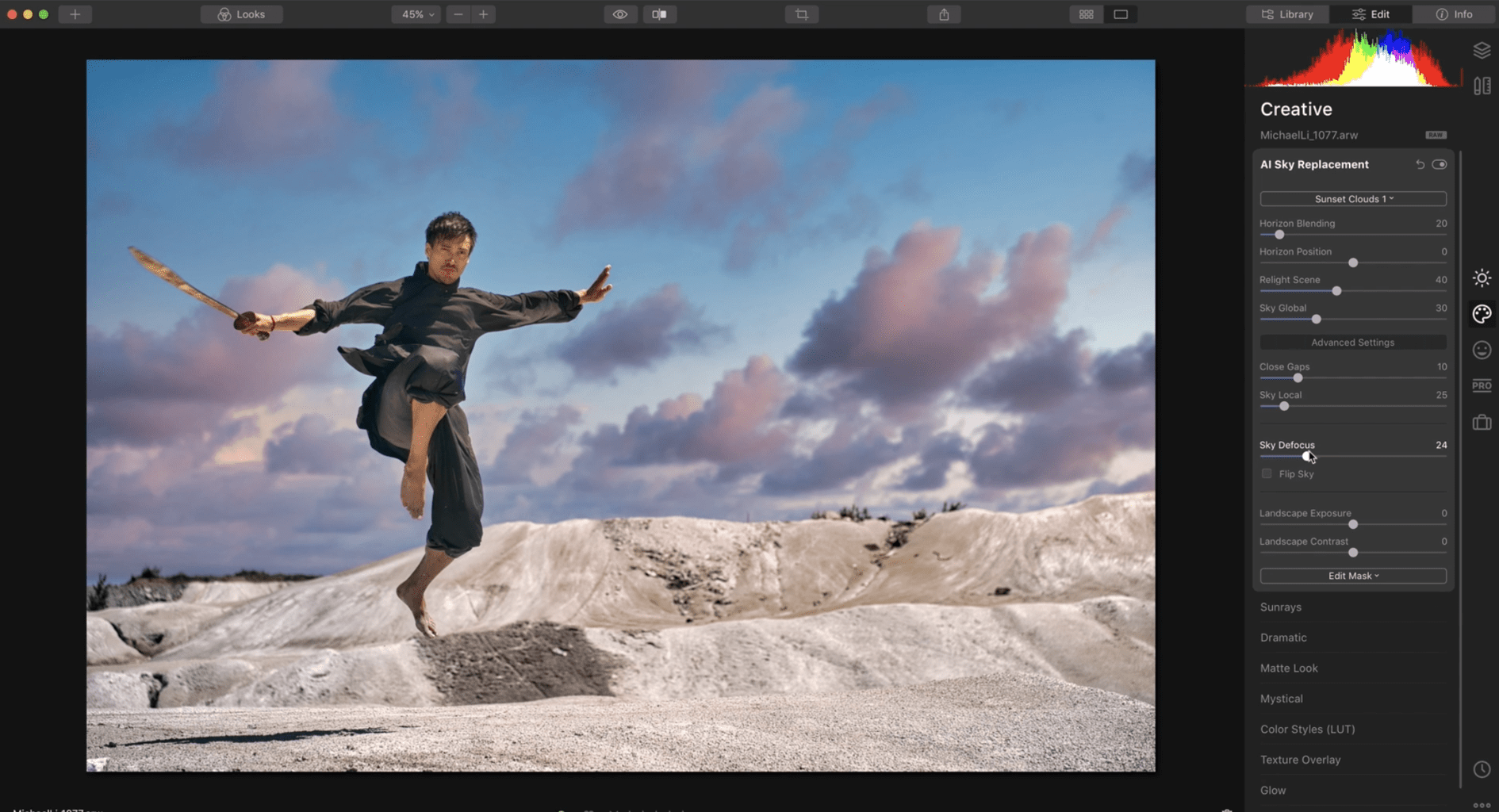 Captura de pantalla del programa de edición de fotos Luminar
