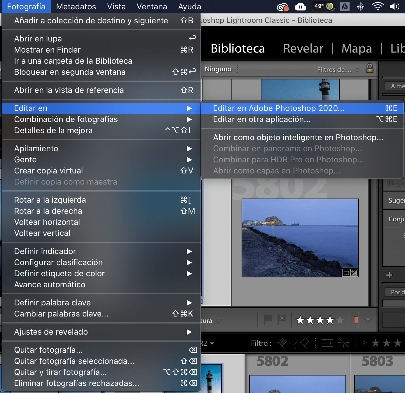 Captura de pantalla de ruta para pasar de Lightroom a Photoshop