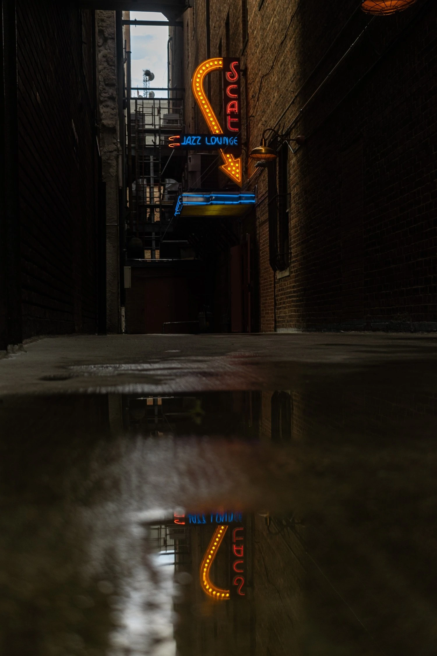 Puddle reflection photograph of a sign