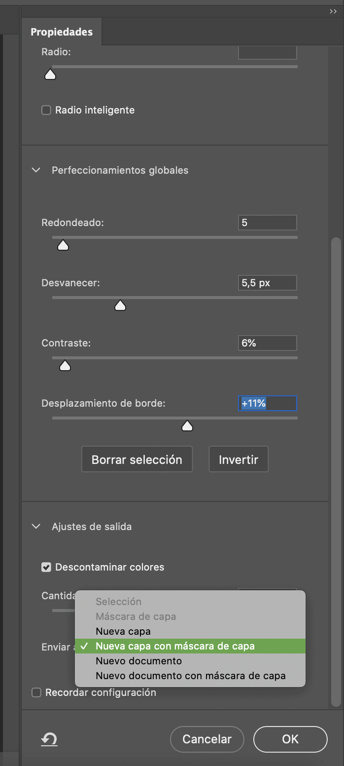 captura de pantalla de propiedades de selección en Photoshop