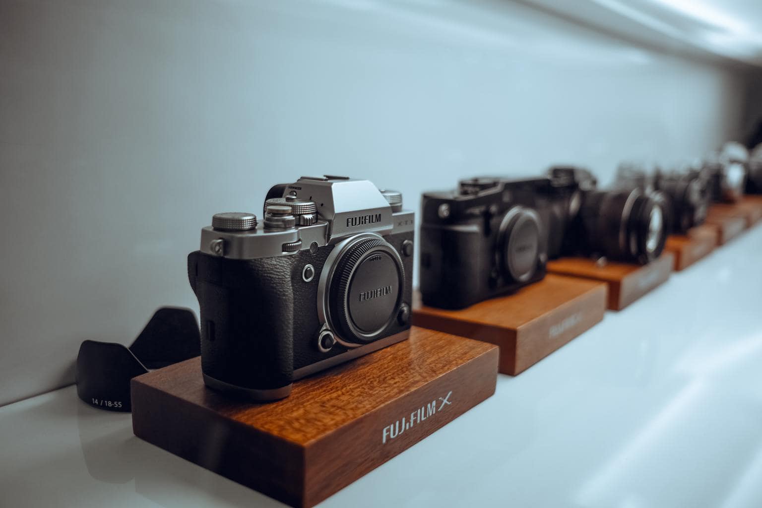 Cámaras de fotos en expositor de tienda