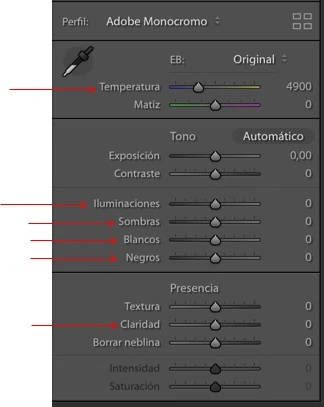 gráfico con herramientas de Lightroom utilizadas en revelado en clave alta y baja