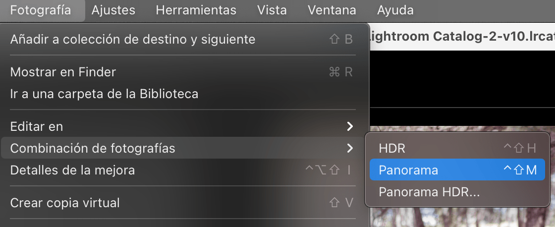 Captura de pantalla de Lightroom con ruta para hacer panorámica