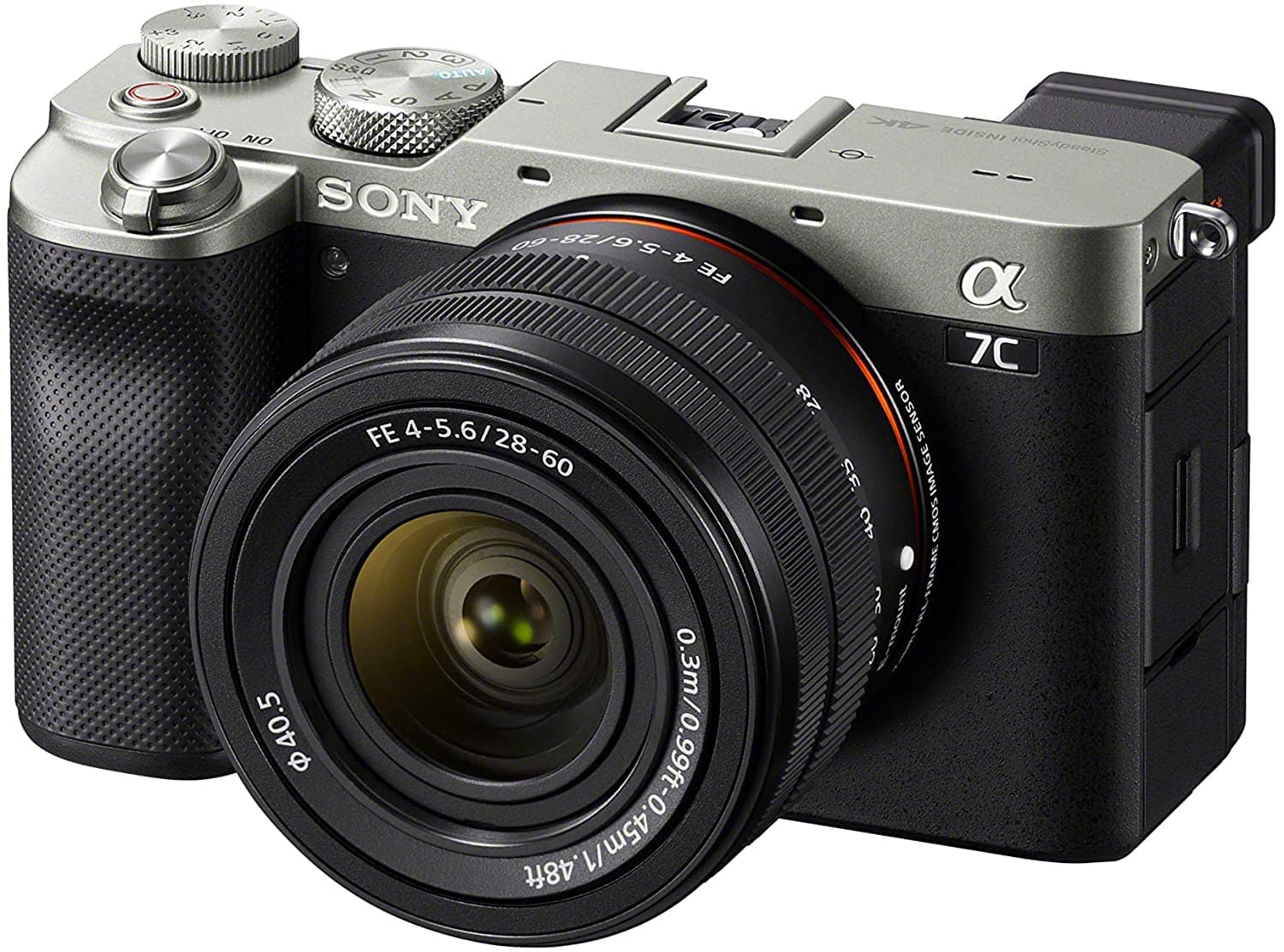 Vista de sony A7c en plata con objetivo de serie