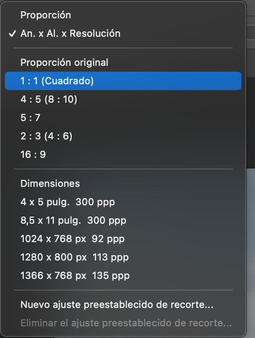 Opciones de relación de aspecto en Photoshop