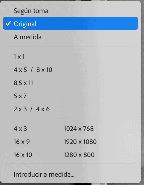 Opciones de relación de aspecto en Lightroom