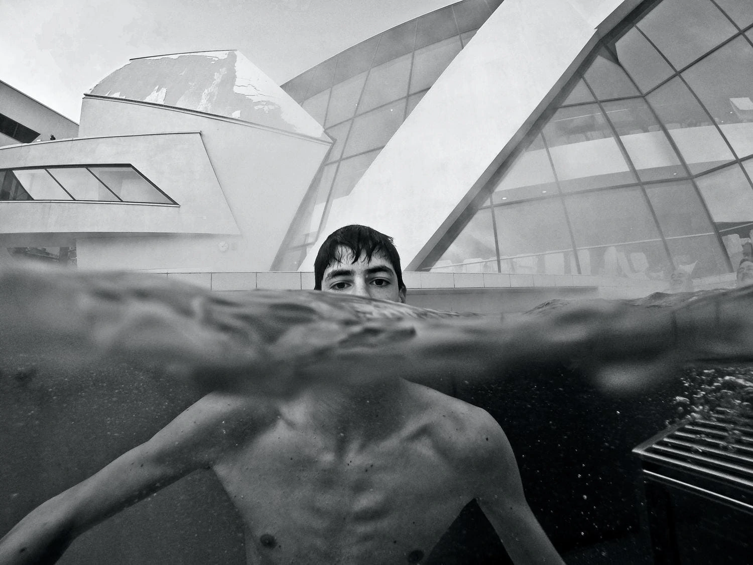 Black and white underwater man portrait