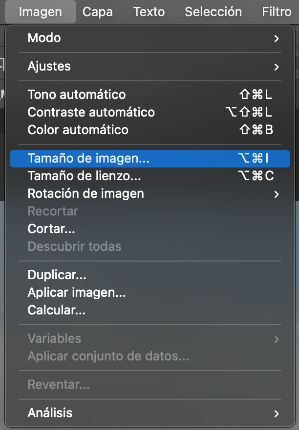 Ruta para cambiar tamaño de imagen en Photoshop