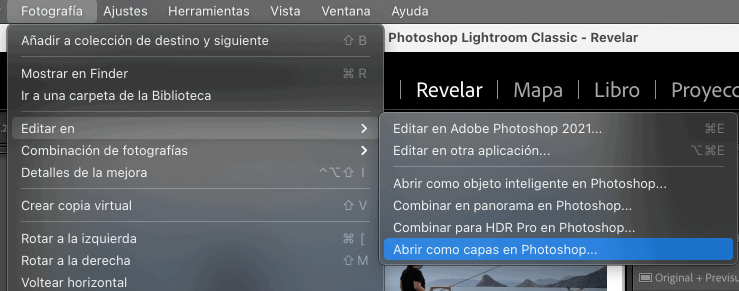 Captura de pantalla de Ligthroom para editar en Photoshop