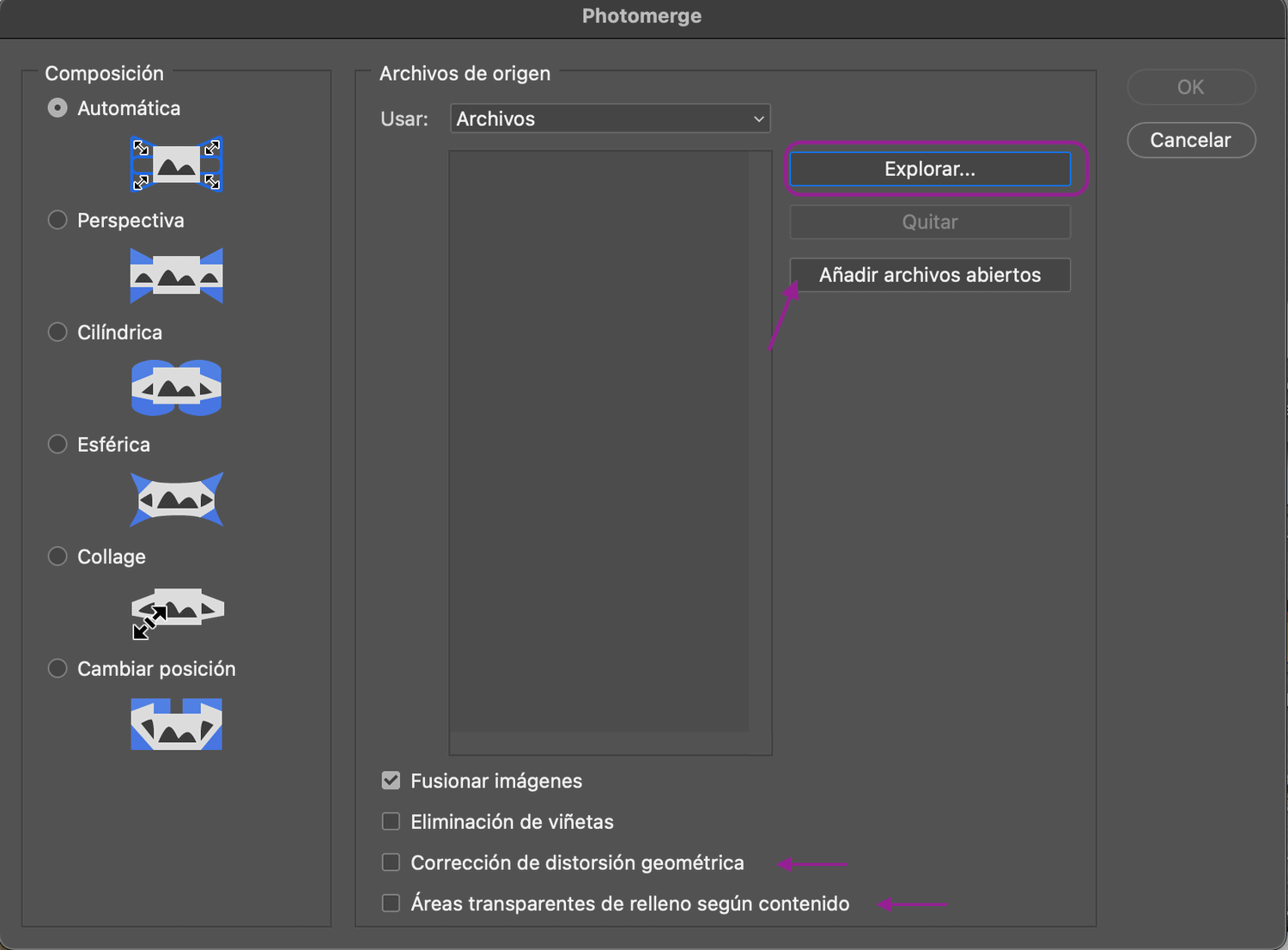 Captura de pantalla para explorar fotos en el montaje de panorámica en Photoshop