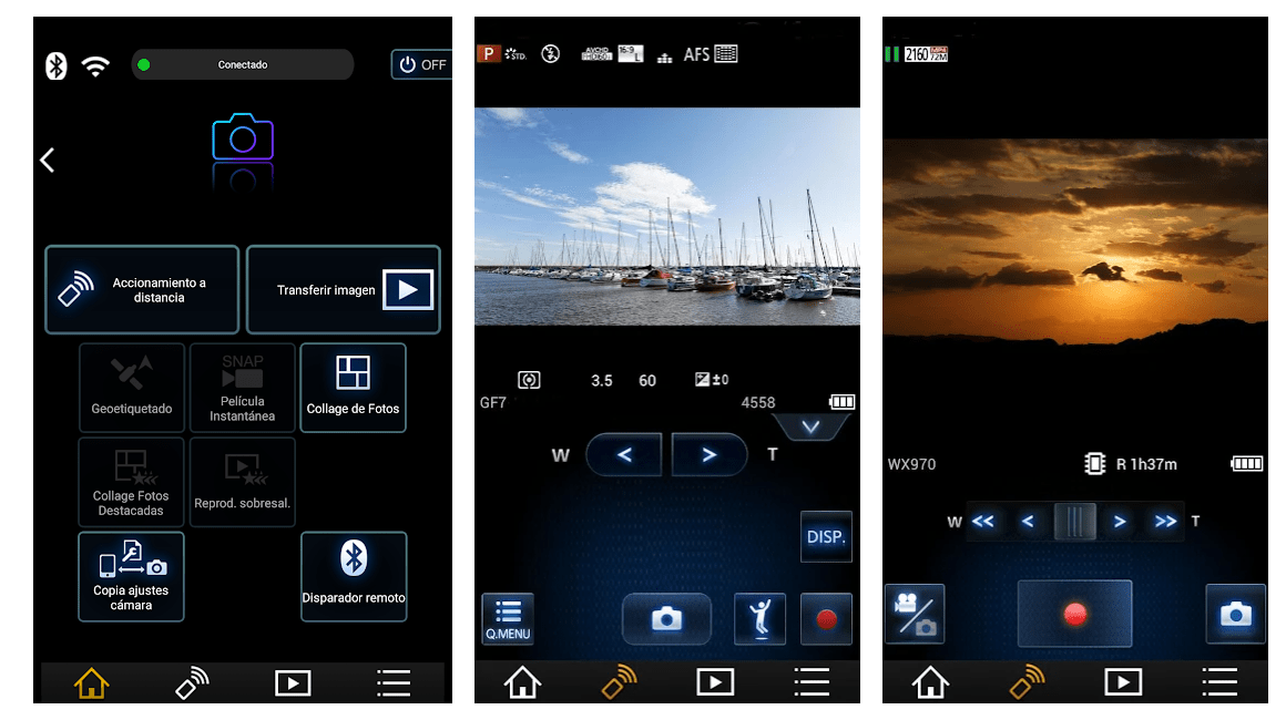 Capturas de pantalla de app de Panasonic para control remoto de la cámara 