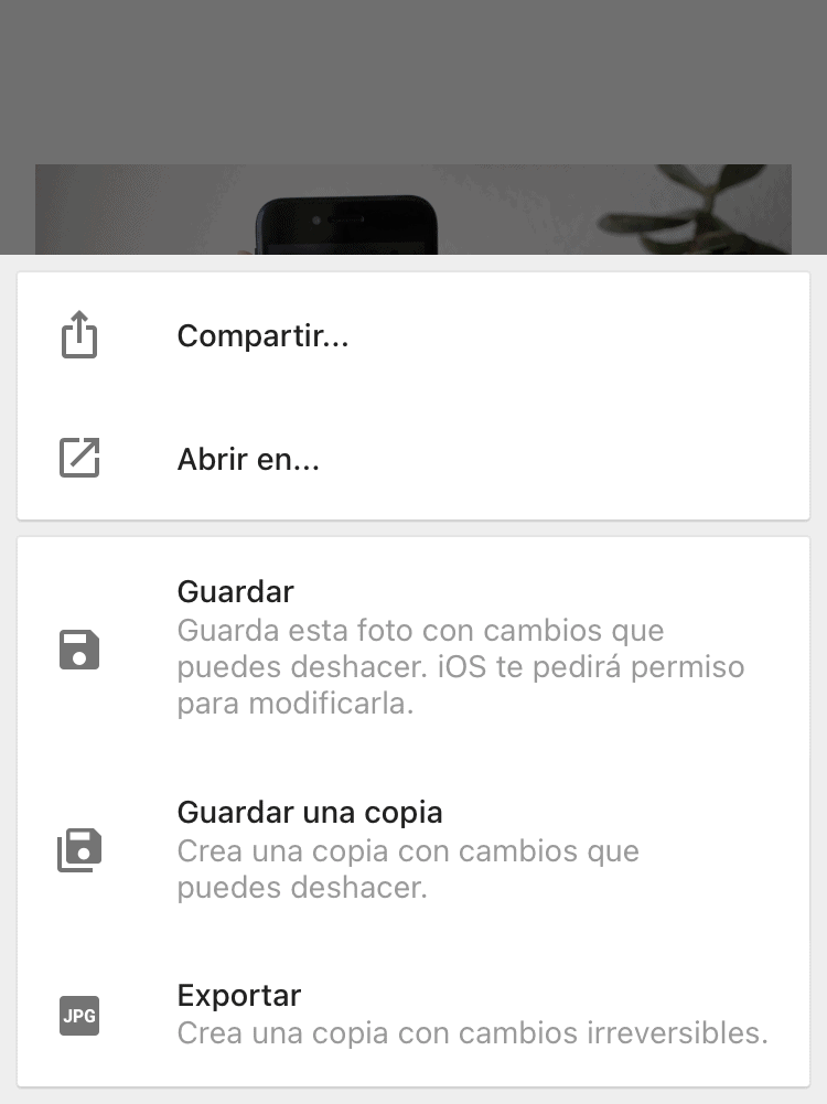 Opciones para Exportar foto desde Snapseed