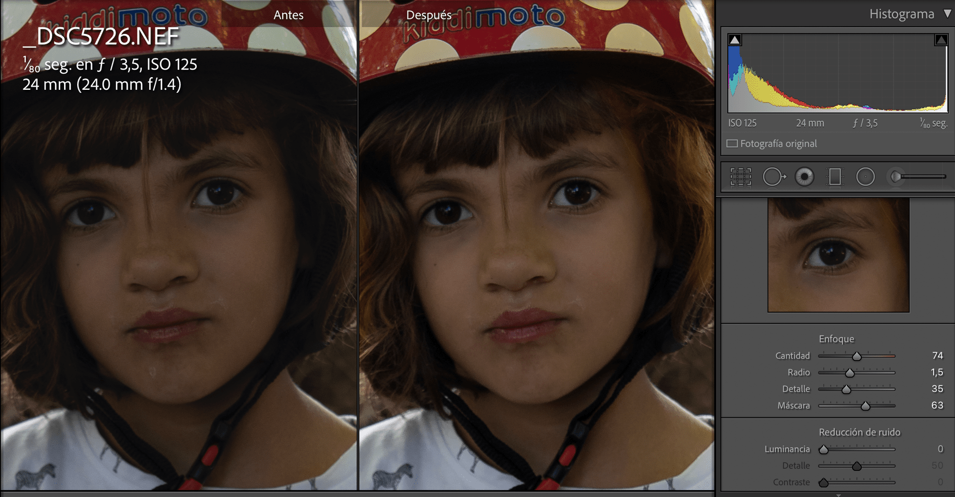 before after sharpening in Lightroom