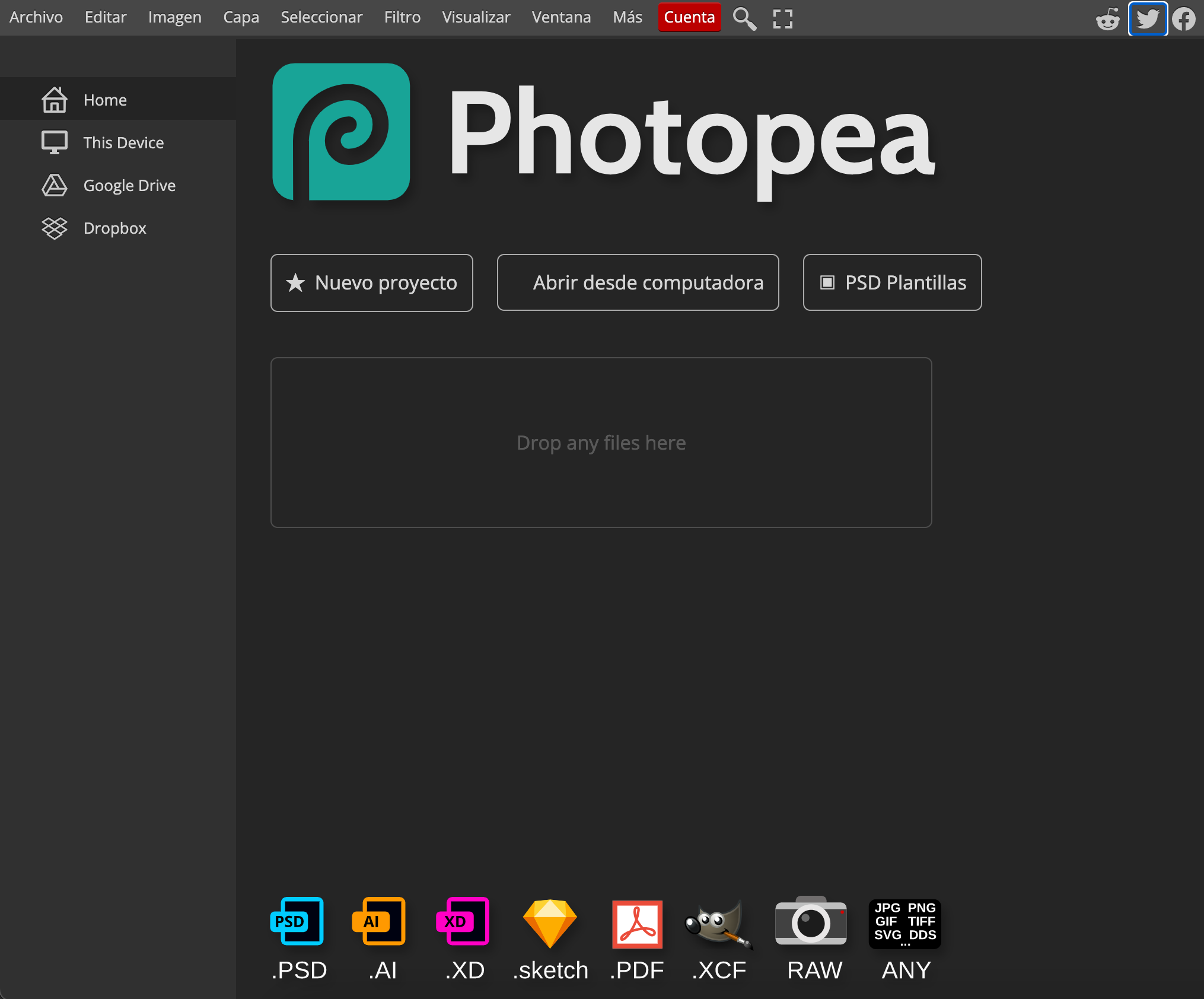 Photopea online editing program interface