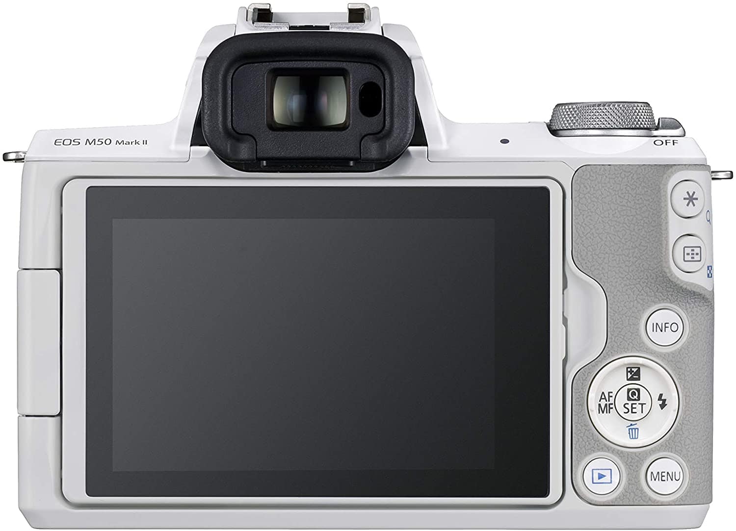 vista trasera canon m50 mark ii en color blanco