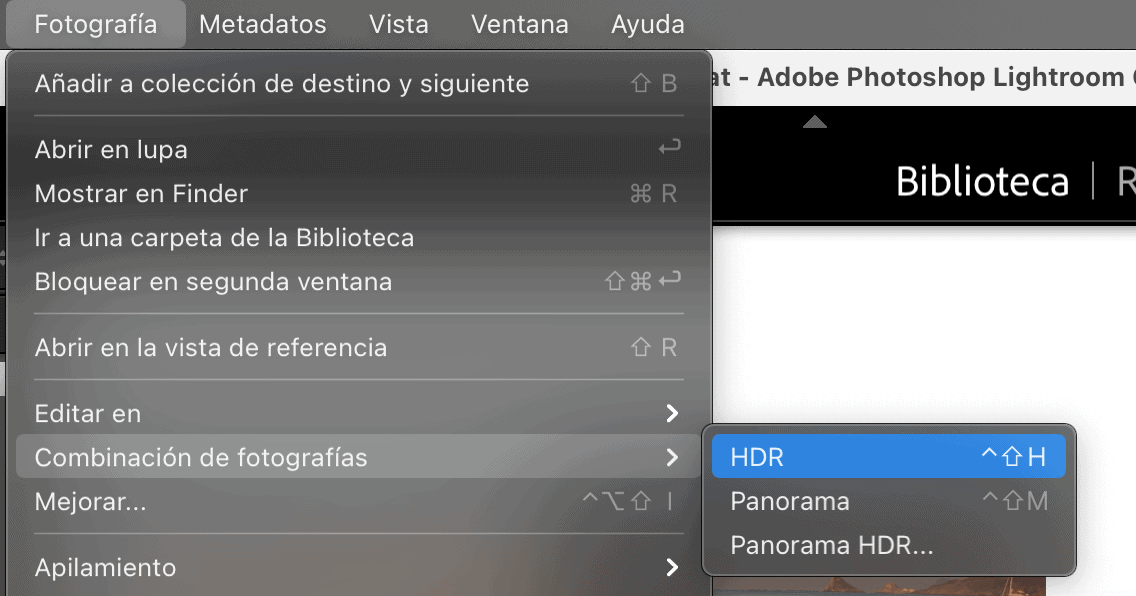 Ruta en Ligthroom para crear un HDR