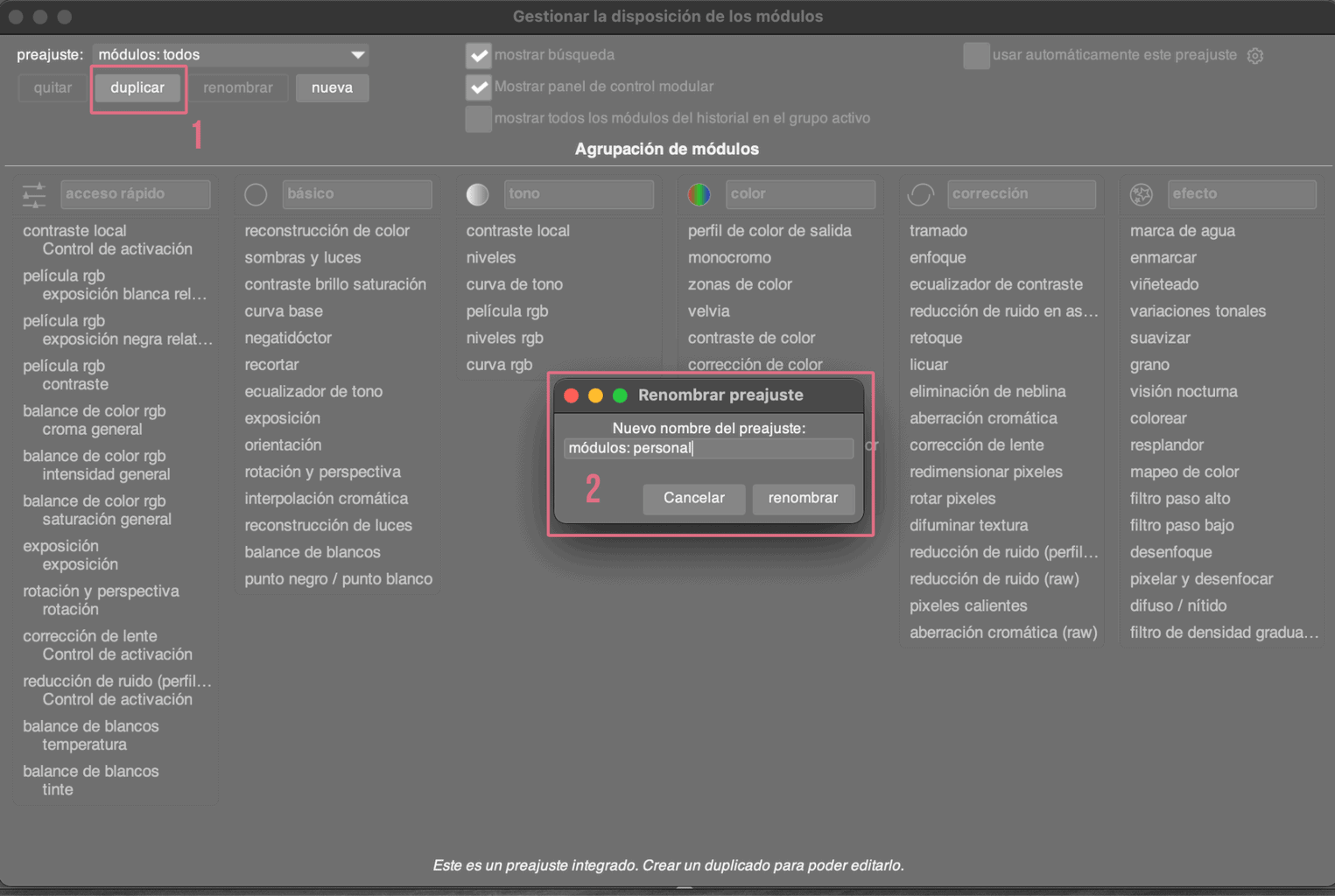 pasos 1 y 2 para crear nueva disposición de paneles en darktable