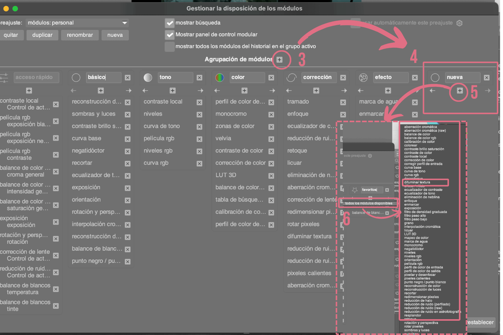 pasos 3 al 6 para crear nueva disposición de paneles en darktable