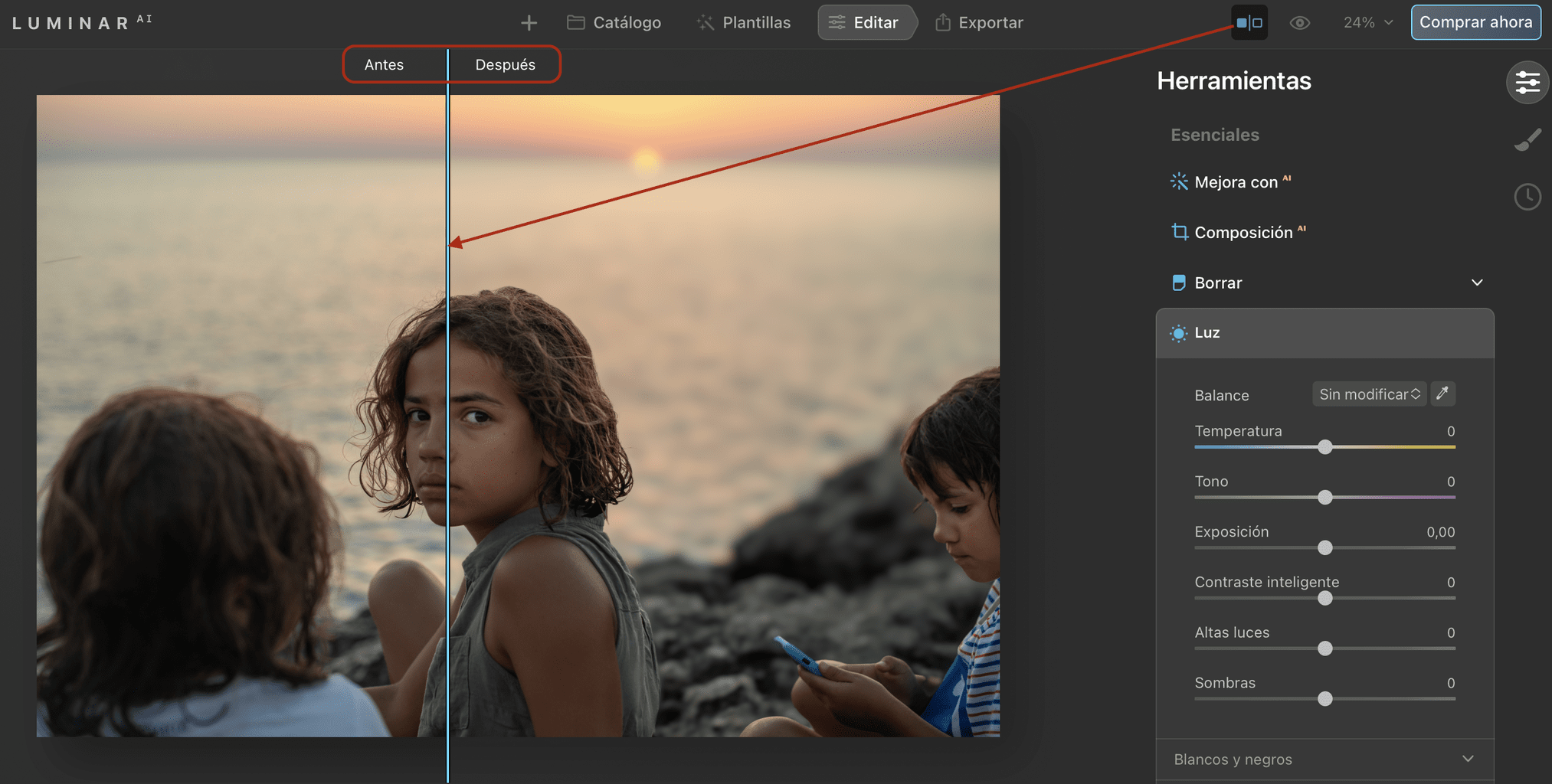 luminar ai antes y después