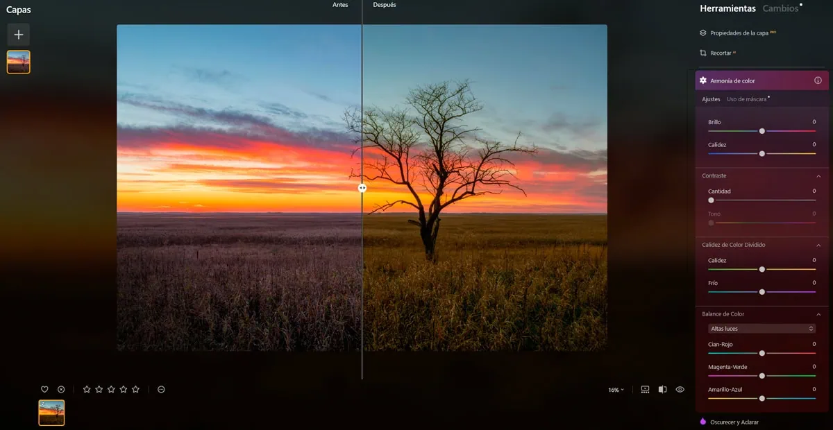 Armonía de Color, Luminar NEO, antes y después revelado