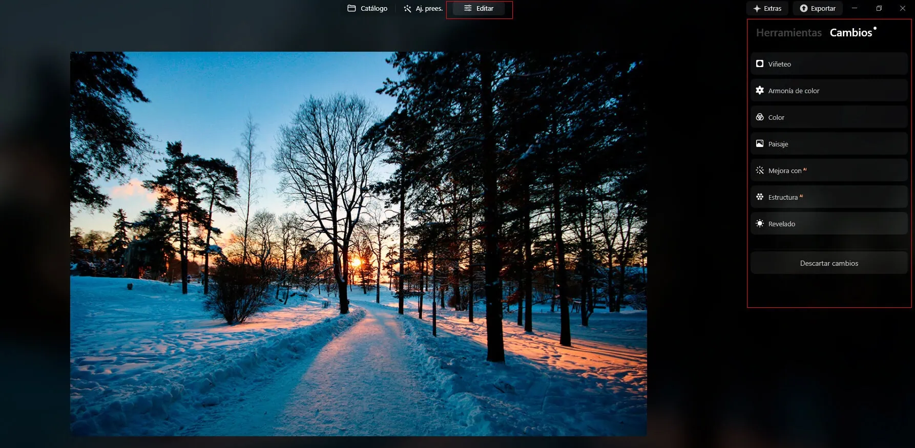 Ajustes de edición en Luminar Neo