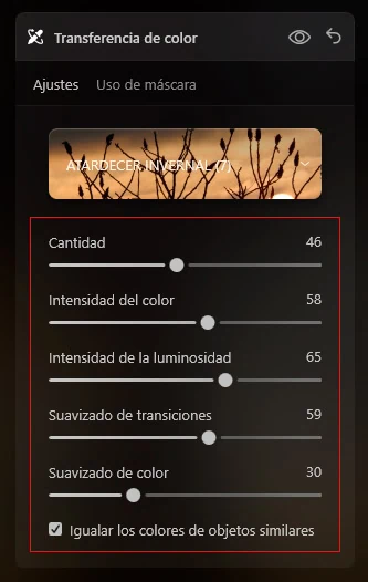 transferencia de color, ajustes edición en Luminar