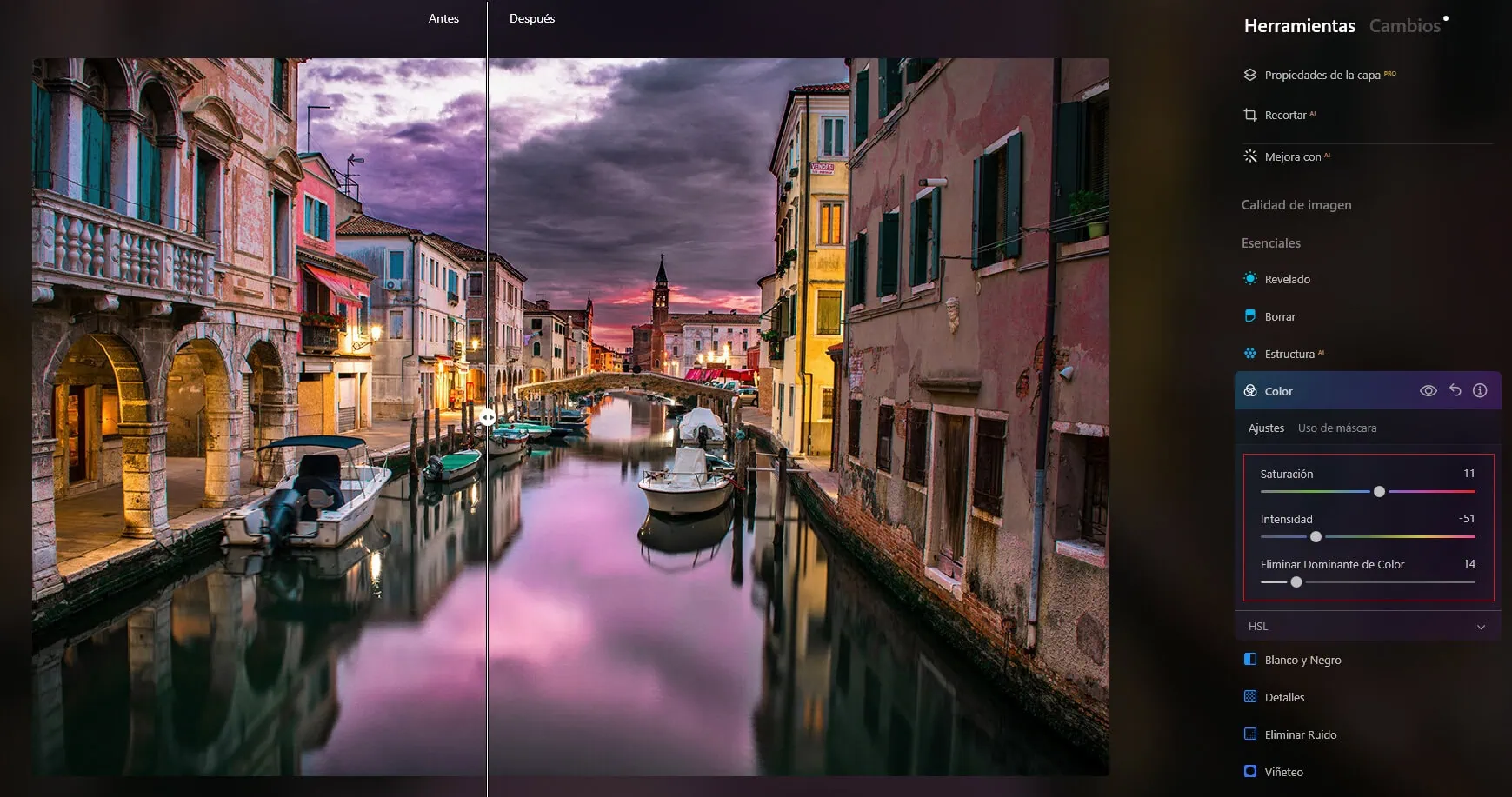 Ajustes de color en Luminar NEO