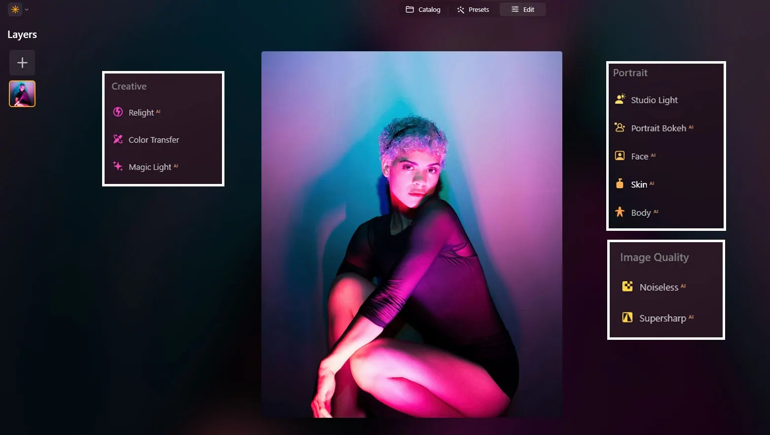 Interfaz Luminar NEO filtros fotográficos con inteligencia artificial, edición fotográfica 2025