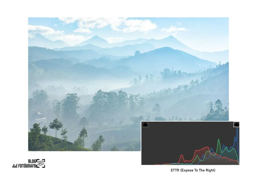 Paisaje montañoso con niebla iluminado de forma óptima usando la técnica ETTR