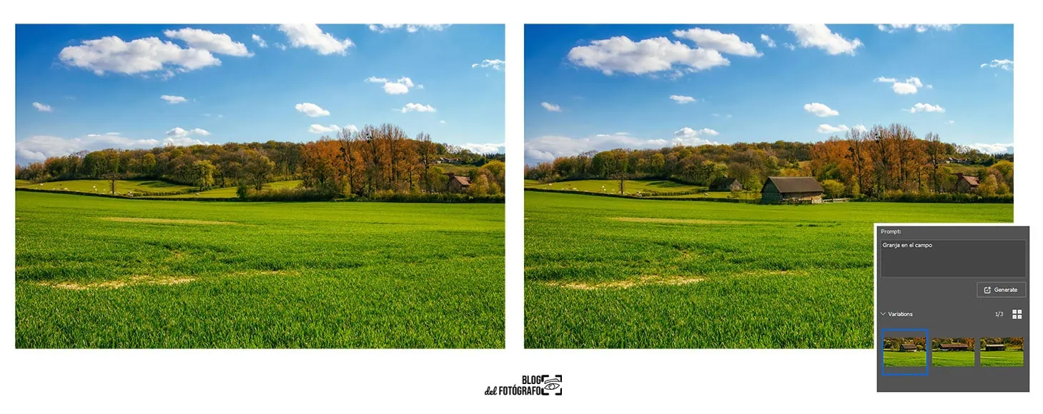 Comparativa de imagen de paisaje antes y después de aplicar edición generativa con inteligencia artificial en Photosho