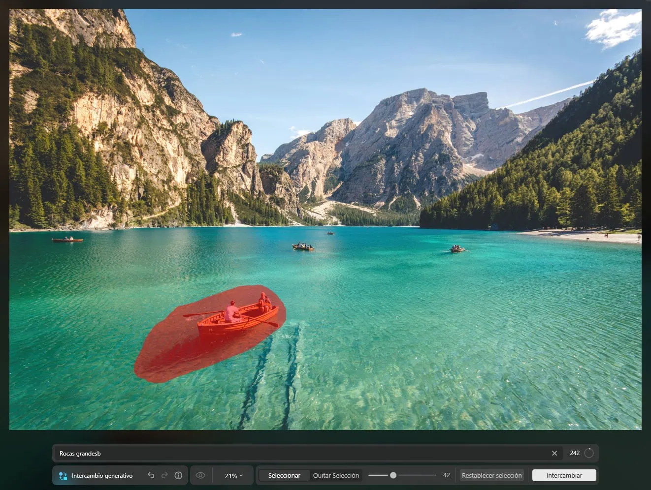 Interfaz de edición con selección generativa sobre una barca en lago alpino, las tendencias en retoque fotográfico 2025