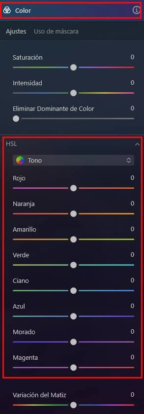 Ajustes de color en Luminar NEO, Color HSL